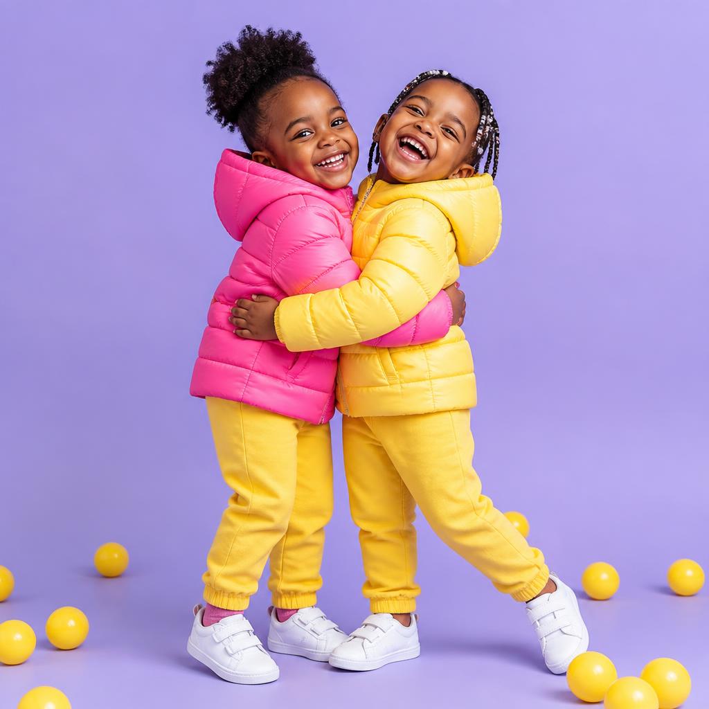 Two children in bright jackets hugging and laughing