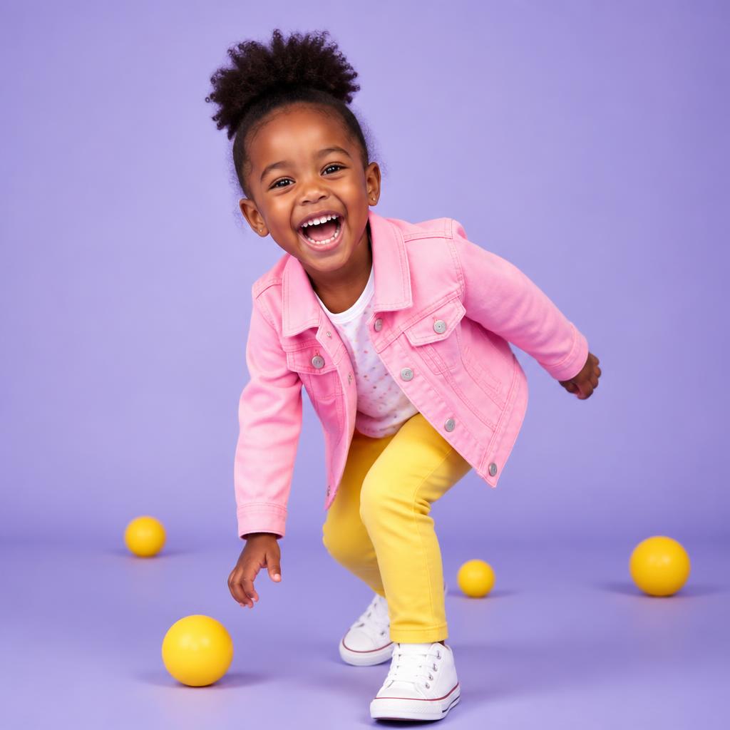 Child in a pink jacket playing and laughing